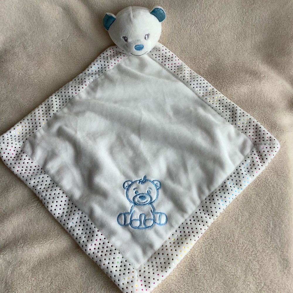 Unbranded Soft Blue and White Bear Lovey Rainbow Dot Boarder Security Blanket
